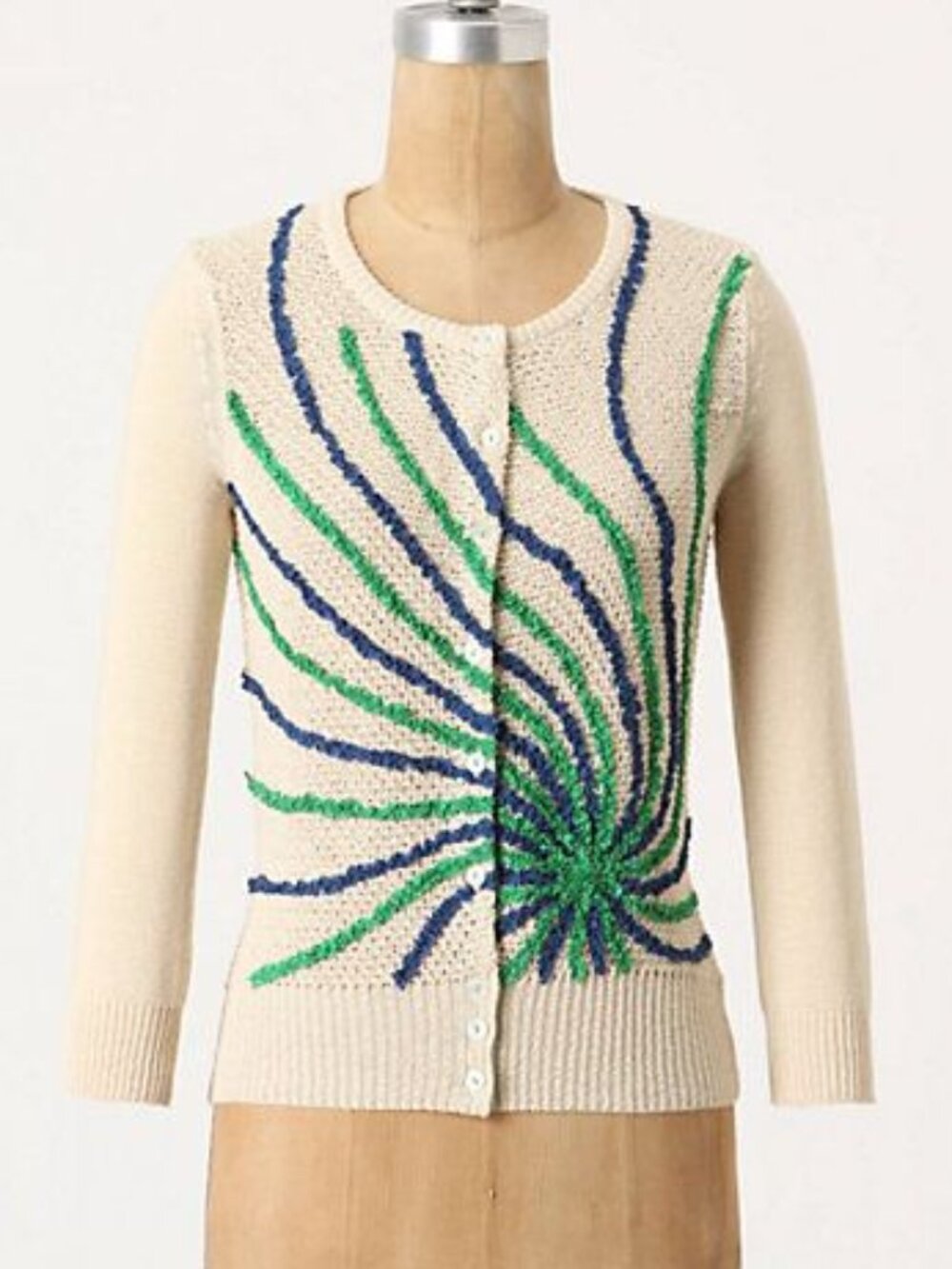 Anthropologie Ribboned Rocket Cardigan Sweater Ivory Blue & Green Ribbon Accents